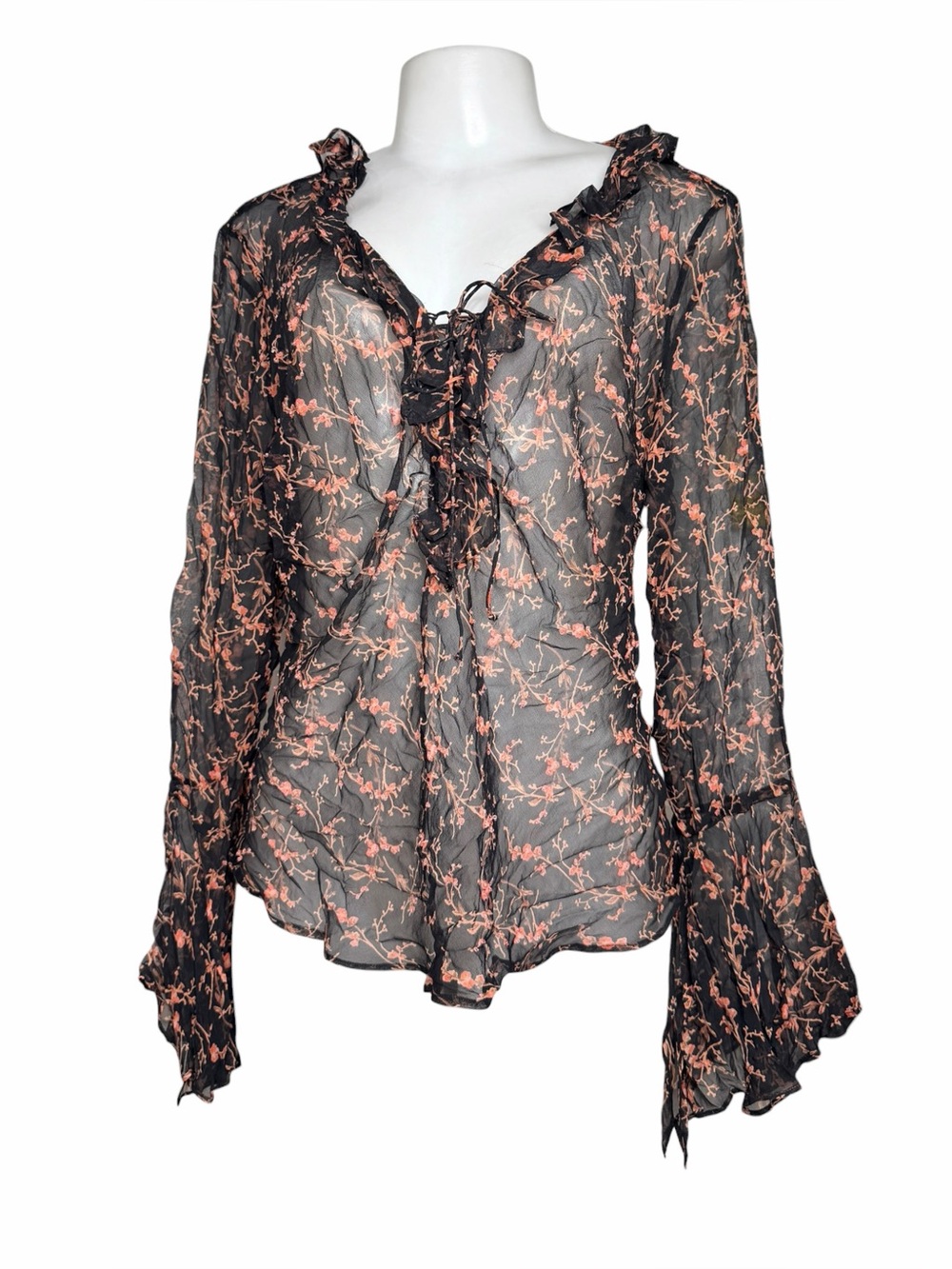 VTG Vision Apparel Silk Sheer Floral Ruffle Bell Sleeve Lace Up Blouse XL Boho